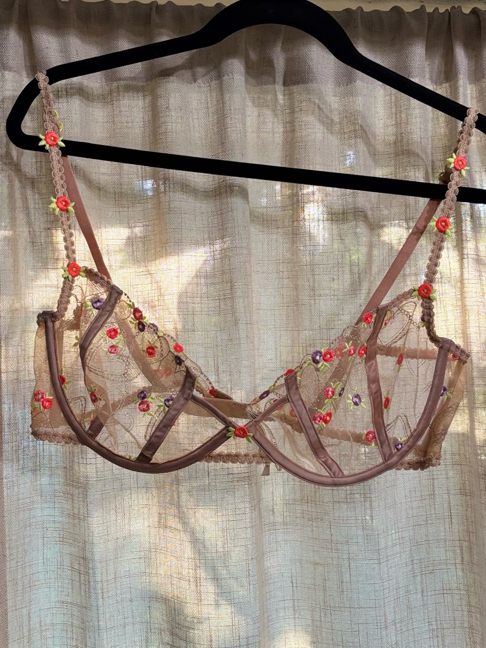 For Love & Lemons Sheer Embroidered Floral Underwire Bra - Blush